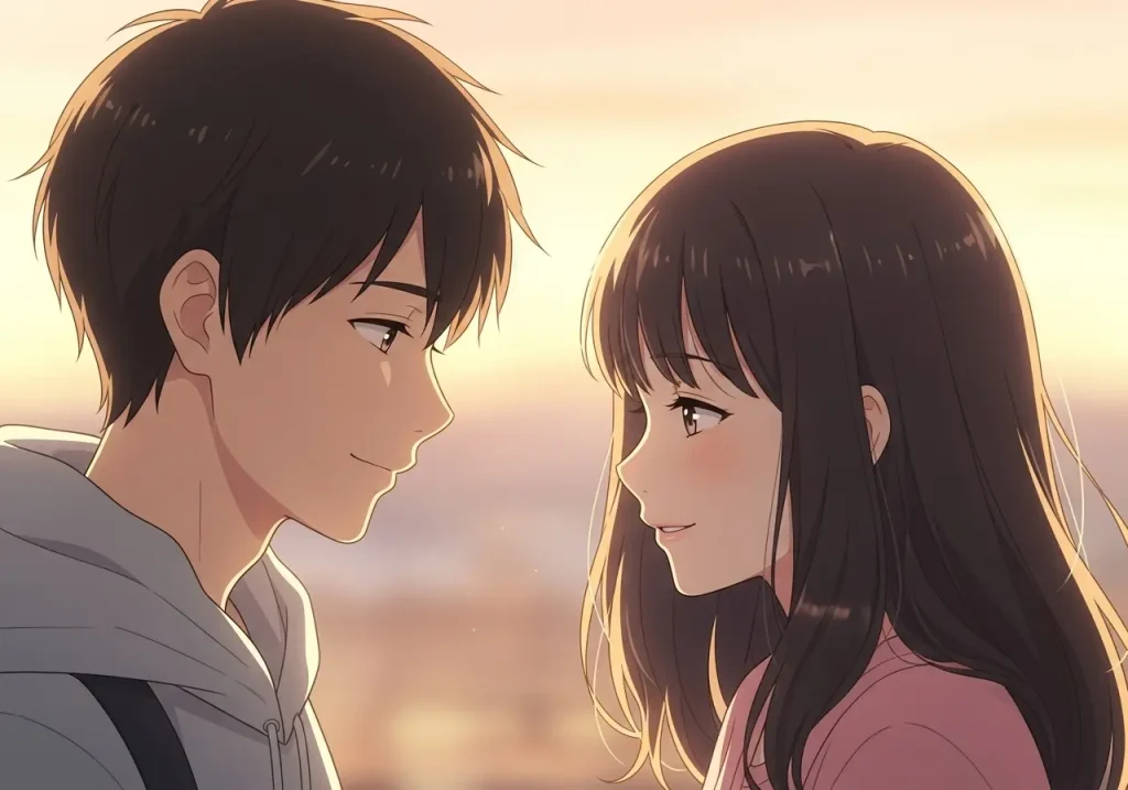 A softly illustrated anime-style scene expressing human emotion and warmth. A semi-deformed modern anime illustration showing a young man and woman sharing a quiet, gentle moment — smiling softly, with warm light around them. The background is softly blurred, in warm sunset or golden tones, symbolizing emotional connection and comfort. Art style similar to modern Japanese romantic animation like "Kimi ni Todoke" or "A Silent Voice", with pastel colors and smooth shading. No text, no fan-service, not too realistic. The image should feel calm, comforting, and emotionally touching — appealing to Gen Z viewers. 