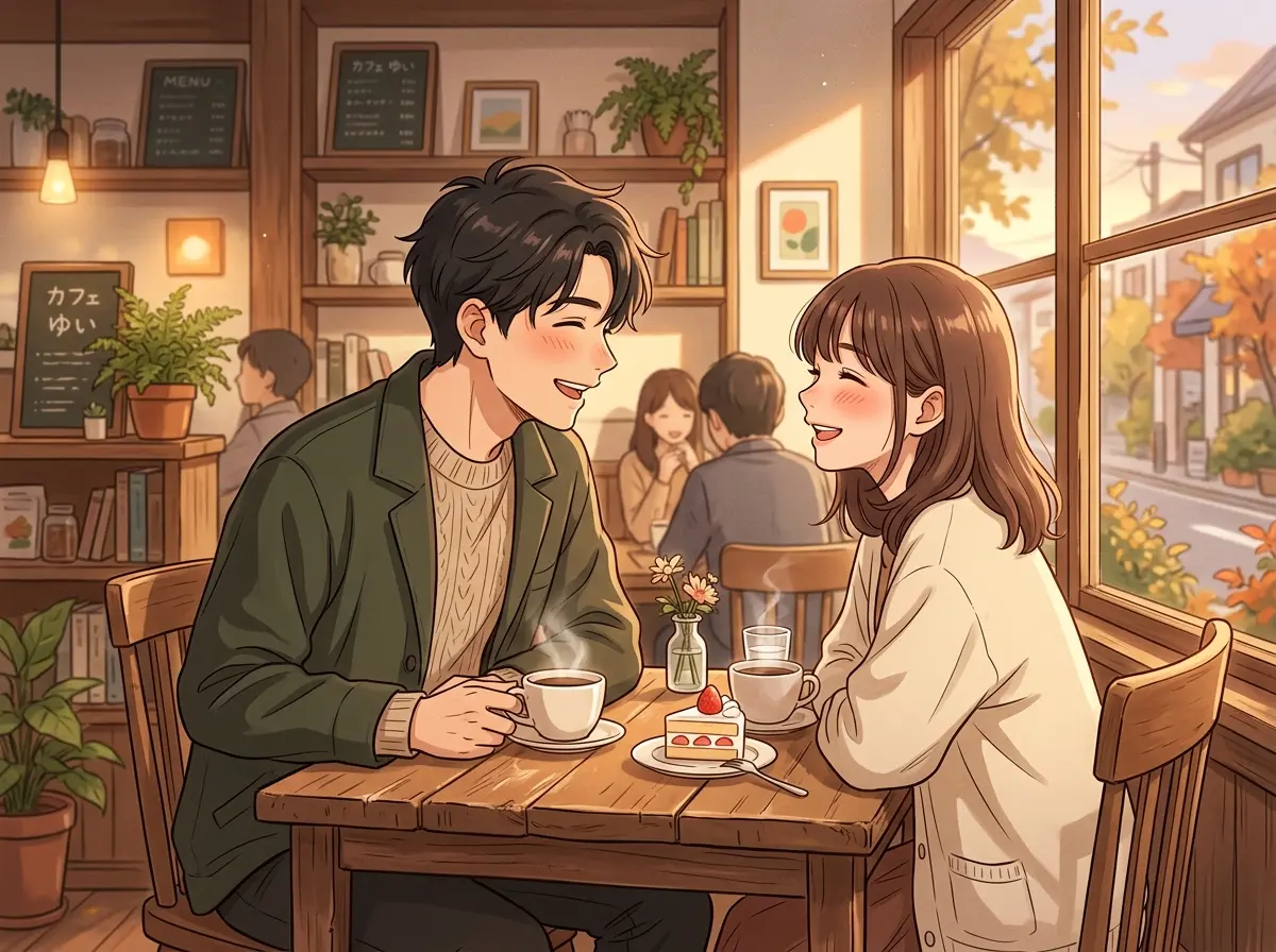 カフェで向かい合い、会話を楽しむ男女のイラスト